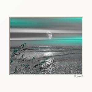 Teal Coastal Beach Decor, Teal Bathroom Bedroom Modern Artwork, Teal Gray Home Decor Matted Picture