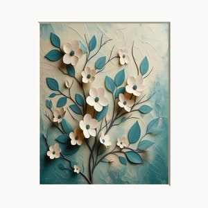 Teal Beige Brown Home Decor, Dogwood Flowers, Teal Brown Modern Floral Bathroom Bedroom Matted Wall Print