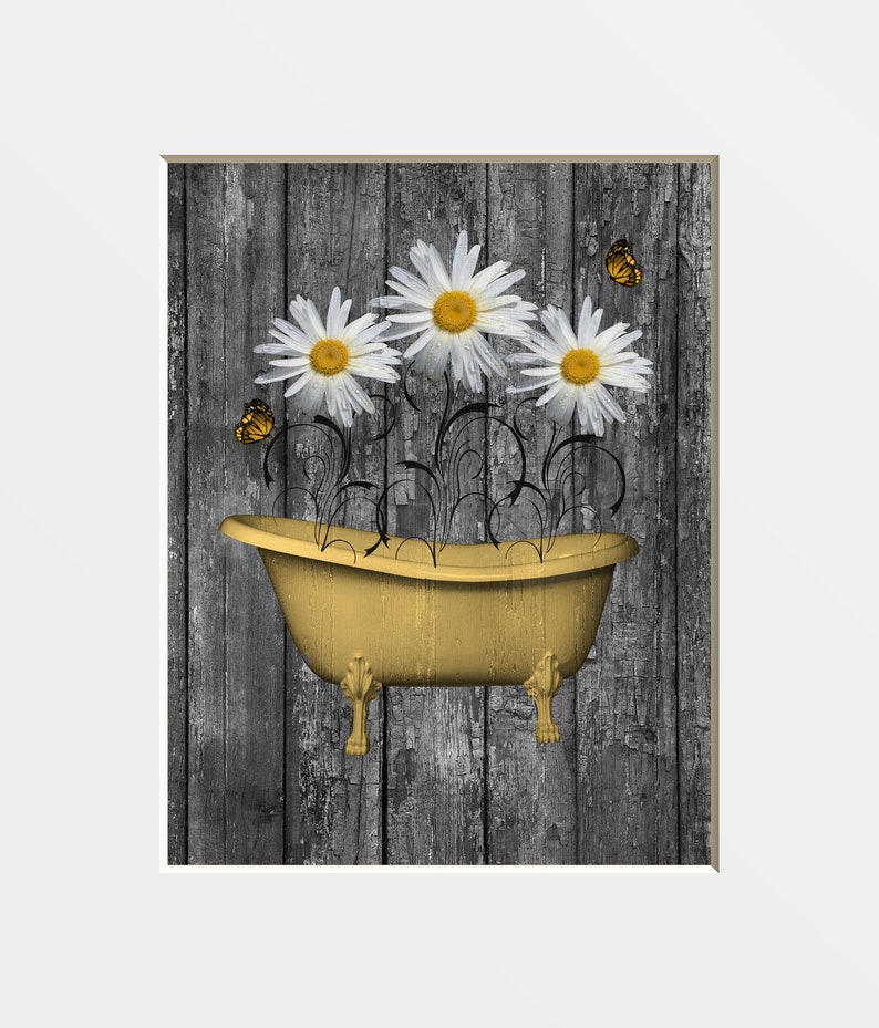 Yellow Gray Wall Art for Bathroom Yellow Rustic Daisy Flower Etsy