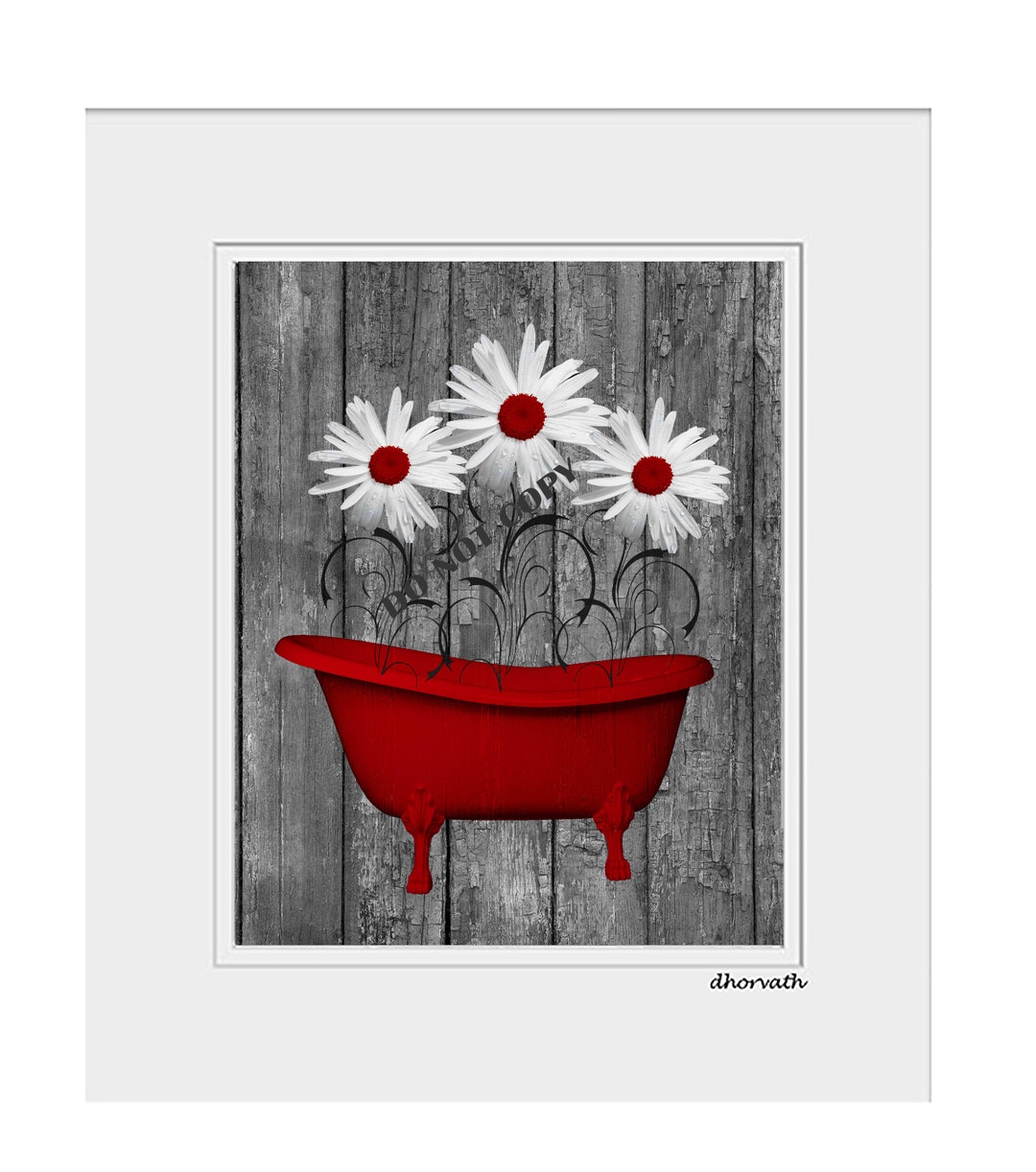 Red Gray Wall Art for Bathroom, Red Gray Daisy Flowers, Modern Rustic