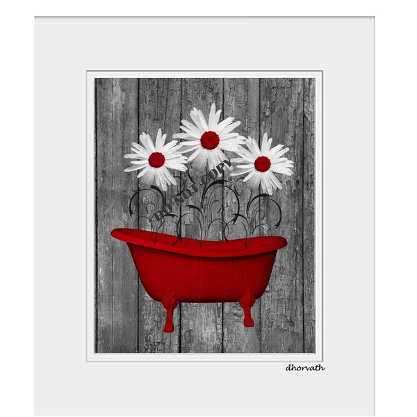 Red Gray Wall Art For Bathroom, Red Gray Daisy Flowers, Modern Rustic Decorative Home Decor Bath Artwork Matted Picture