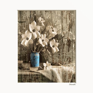 Rustic Home Decor Dogwood Flowers, Brown Blue Kitchen, Bedroom, Bathroom Wall Art Matted Prints