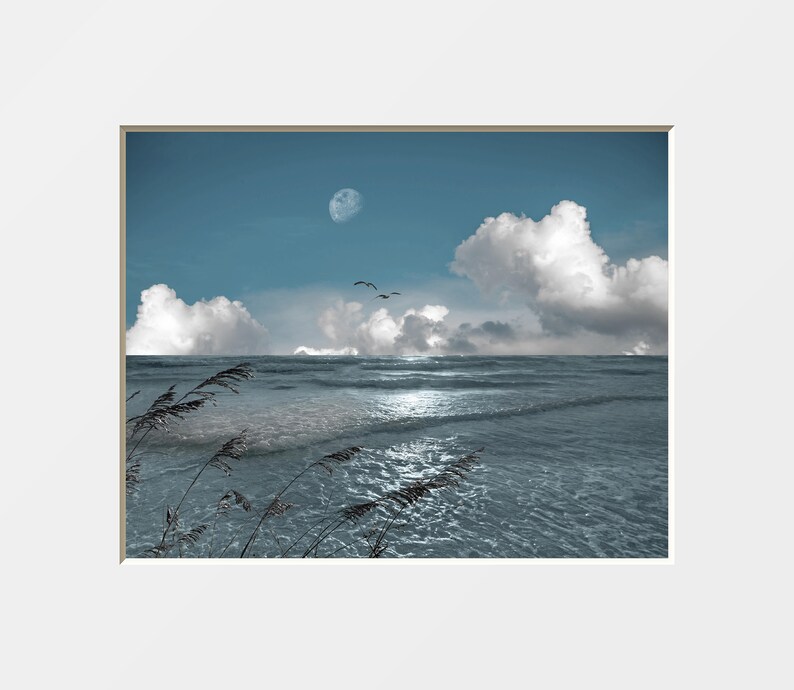 Black White Blue Modern Wall Art, Beach, Starfish Wall Art, Bathroom, Bedroom Coastal Theme Wall Art Matted Picture Blue Sky Moon Ocean