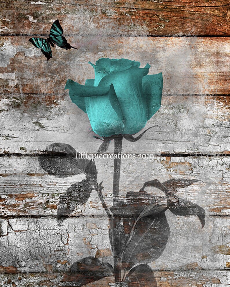 Rustic Home Decor Teal Rose Flower Butterfly Teal Rustic Etsy