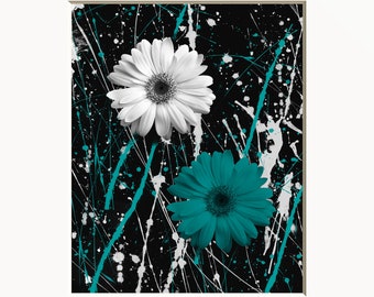 Teal Wall Art, Teal Wall Prints, Teal White Daisy Flowers, Teal Home Decor Matted Wall Art Picture