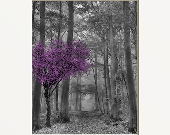 Black White Purple Wall Art, Tree Forest Path, Purple Bedroom Living Room Photography Home Decor Matted Artwork Picture  (Options)