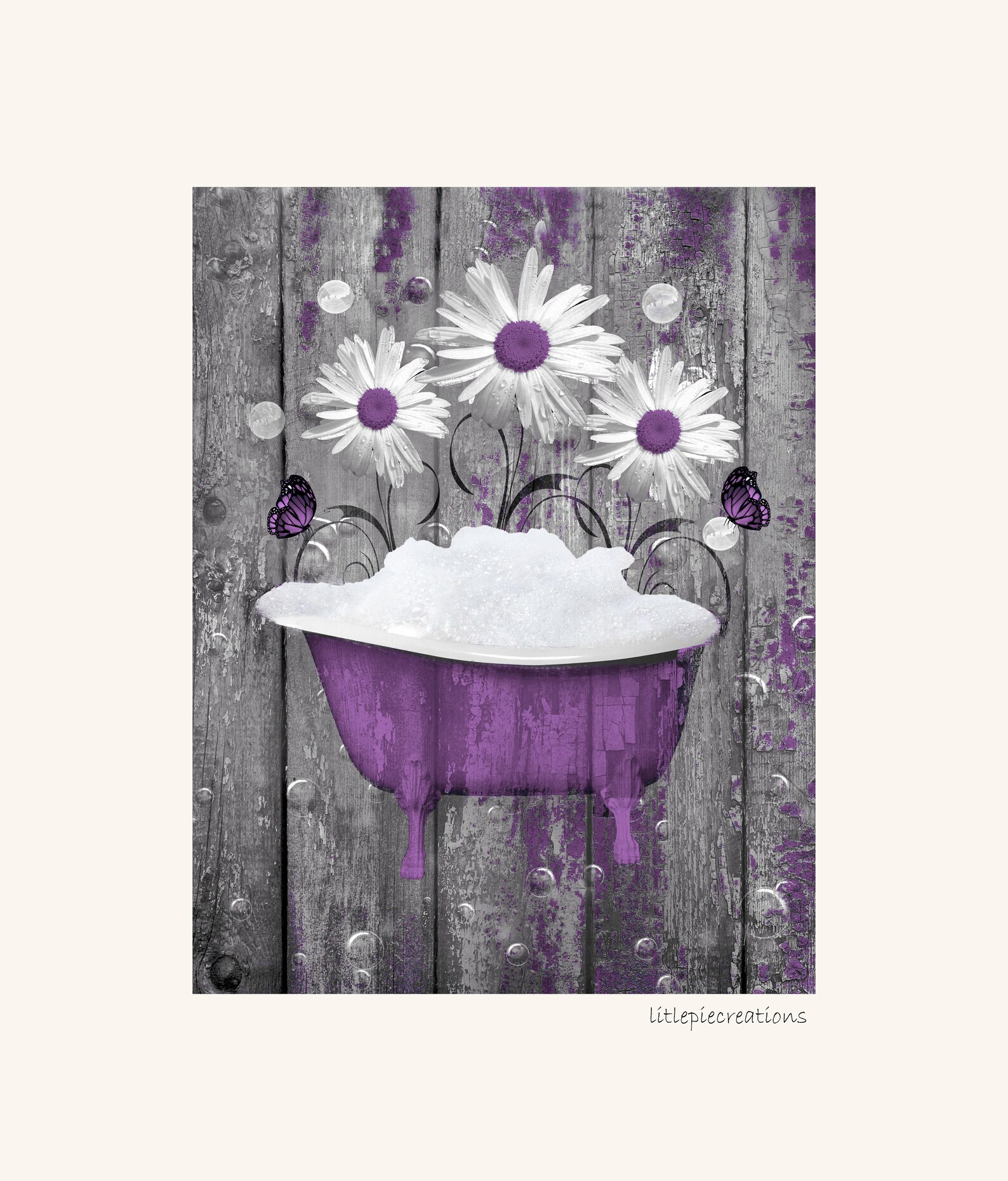 Purple Gray Bathroom Wall Art Decor Purple Daisy Flower Etsy