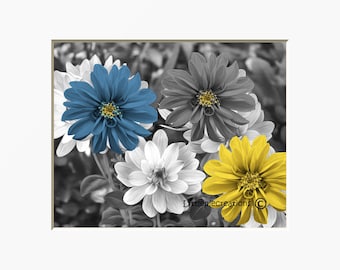 Blue Yellow Gray Dahlia Flowers Photography Bathroom Bedroom Home Decor Wall Art Matted Picture