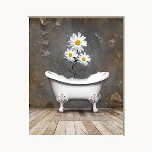 Decoración rústica de pared para baño, flores de margaritas en la bañera, arte de pared con acabado en beige y amarillo para baños, cocinas y paredes de dormitorios de estilo rústico