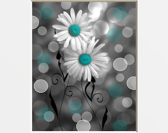 Teal Daisy Flower Modern Floral Bathroom or Bedroom Matted Wall Art Print