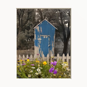 Farmhouse Bathroom Wall Art: Outhouse & Wildflowers - Matted Rustic Decor Print