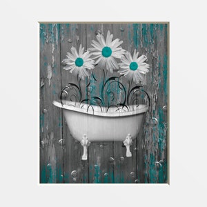 Teal Daisy Bathroom Art: Rustic Floral Photography, Matted Wall Decor