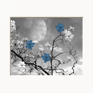 Blue Floral Wall Art: Matted Print for Bedroom or Bathroom
