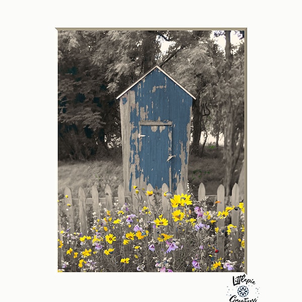 Farmhouse Country Bathroom Wall Decor Outhouse Wildflowers Rustic Home Decor Matted Wall Art Picture