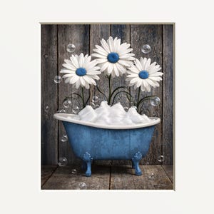 Rustic Farmhouse Bathroom Art: Blue Tub, Daisy's, Bubbles - Matted Print