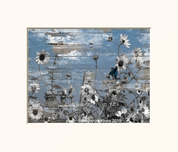 Blue Brown Rustic Wall Art Sunflowers Butterfly Bedroom Living Room Rustic Home Decor Wall Art Matted Picture