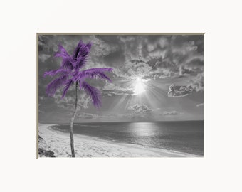 Bathroom Wall Art, Purple Gray Palm Beach, Purple Wall Print, Matted Purple Wall Art Picture