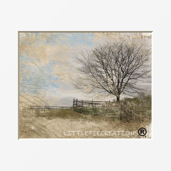 Rustic Home Decor, Brown Blue Farmhouse Landscape Wall Art, Living Room, Bedroom Rustic Modern Artwork Matted Picture