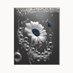 Blue Daisy Flowers Butterflies, Raindrops, Blue Bathroom Decor, Modern Matted Wall Art (Options)