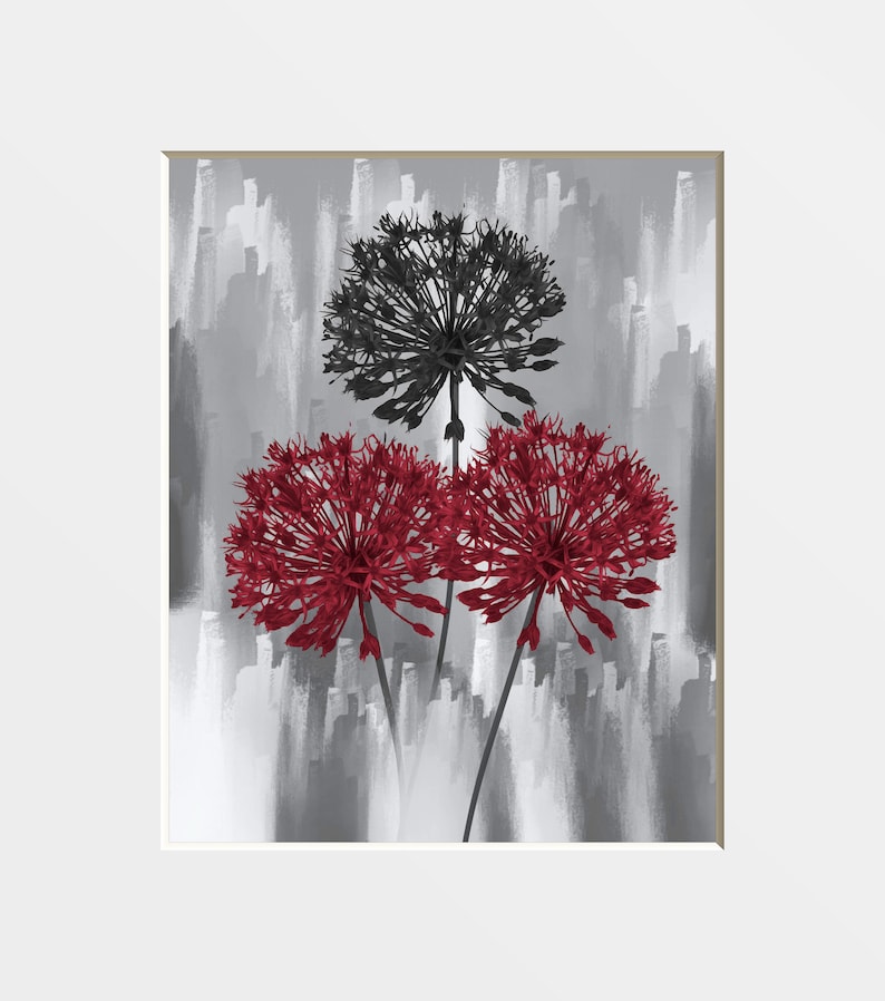 Black White Red Decor, Tree Moon Wall Art, Red Moon, Pop Of Red, Red Bed Room Wall Art Matted Picture Dandelions