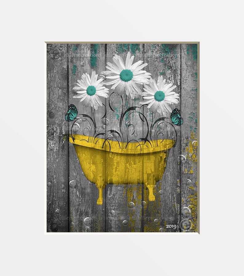 Rustic Modern Farmhouse Bathroom Wall Art Teal Yellow Daisy Etsy