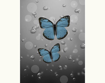 Blue Gray Wall Art Pictures, Butterflies Bubbles, Blue Bathroom Bedroom Home Decor Matted Artwork Picture