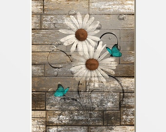 Teal Brown Rustic Daisy Flowers Butterfly Bathroom Bedroom Modern Farmhouse Home Decor Wall Art Picture