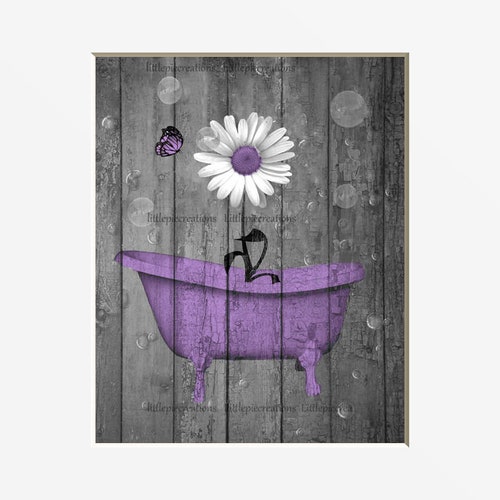 Purple Gray Bathroom Wall Art Decor Purple Daisy Flower Etsy