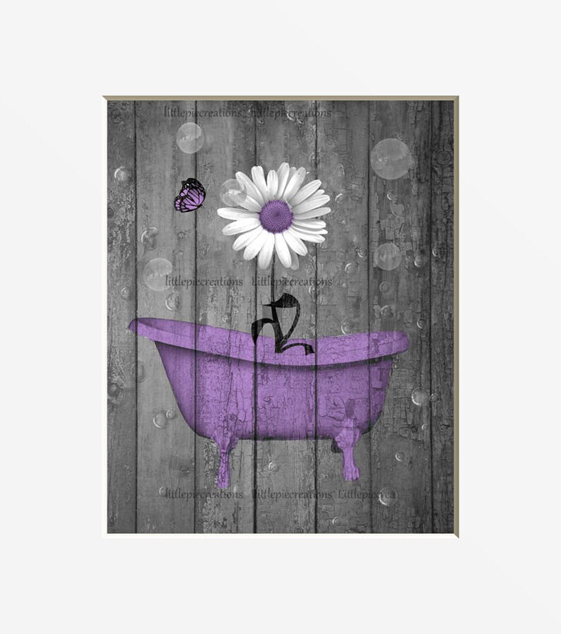 Purple Gray Bathroom Wall Art Decor Purple Daisy Flower Etsy