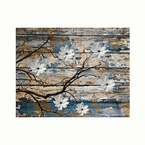 Brown Blue Rustic Floral Tree Branch Photography Home Decor Wall Art Bedroom Bathroom Modern Farmhouse Wall Art Picture