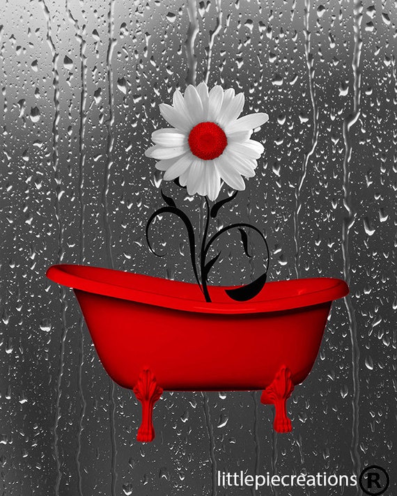 Red Gray Wall Pictures Red Bathroom Powder Decor Daisy Etsy