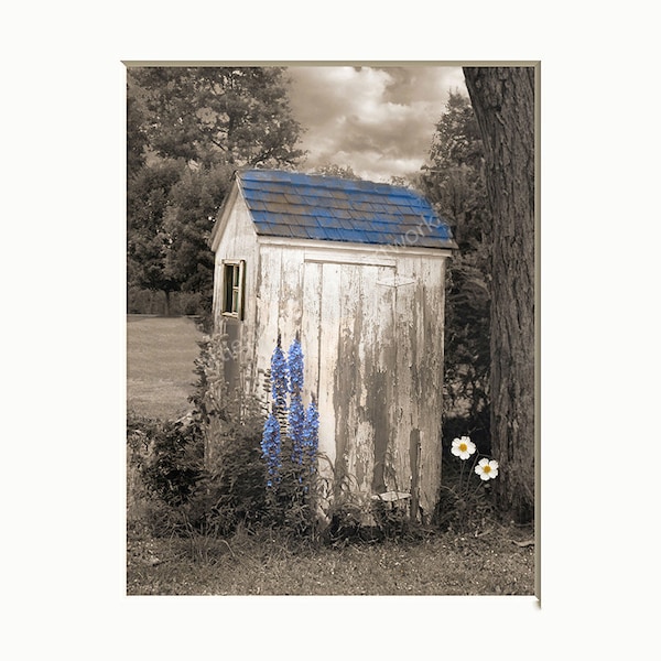 Rustic Vintage Outhouse Decor, Farmhouse Country Wall Art, Bathroom Wall Art Matted Print