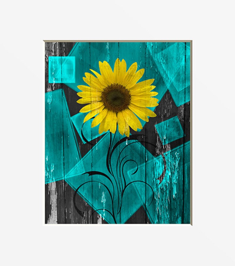 Teal Yellow Wall Art Rustic Modern Sunflower Bathroom Bedroom Living Room Home Decor Matted Picture
