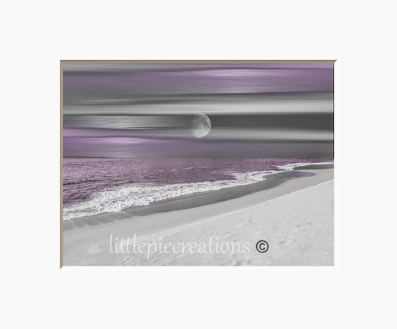 Purple Gray Wall Art Beach Ocean Moon Coastal Theme Etsy