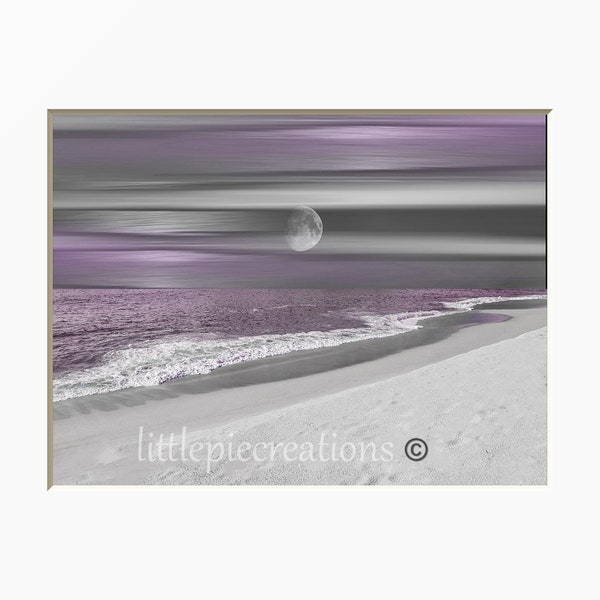 Purple Gray Wall Art, Beach, Ocean Moon, Coastal Theme Bathroom, Bedroom Home Decor Matted Picture