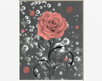 Coral Gray Rose Flower Bubbles, Bathroom, Office, Living Room Home Decor Wall Art Matted Picture