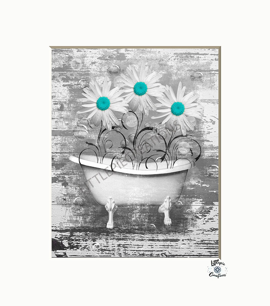 Teal Wall Decor Bathroom Wall Art Daisy Flowers Vintage Tub Etsy