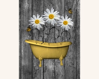 Rustic Country Vintage Bathroom Decor, Daisy Flowers In Bathtub, Farmhouse Bathroom Wall Art, Modern Farmhouse Wall Pictures For Bath