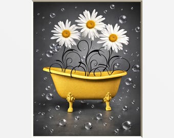 Yellow Daisy Flower Art Print: Bathroom Wall Decor Matted Print