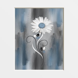 Black White Blue Modern Wall Art, Beach, Starfish Wall Art, Bathroom, Bedroom Coastal Theme Wall Art Matted Picture Daisy Flower