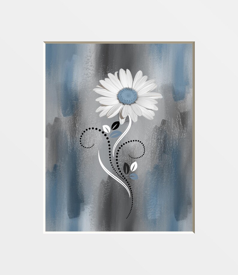 Black White Blue Modern Wall Art, Beach, Starfish Wall Art, Bathroom, Bedroom Coastal Theme Wall Art Matted Picture Daisy Flower