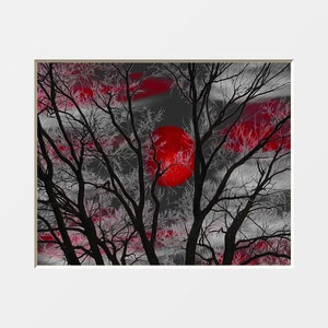 Black White Red Decor, Tree Moon Wall Art, Red Moon, Pop Of Red, Red Bed Room Wall Art Matted Picture red tree moon