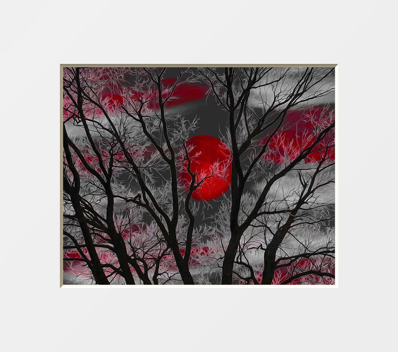 Black White Red Decor, Tree Moon Wall Art, Red Moon, Pop Of Red, Red Bed Room Wall Art Matted Picture red tree moon