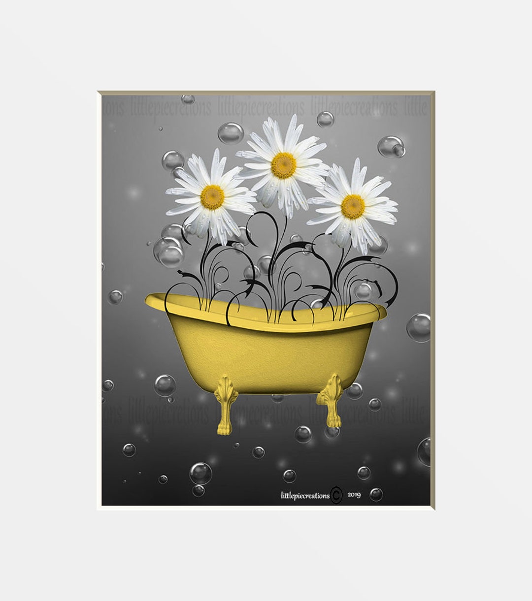 Yellow Gray Wall Art for Bathroom, Yellow Gray Daisy Flowers, Bubbles