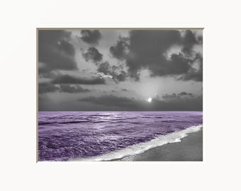 Purple Ocean Print: Coastal Beach Wall Art, Matted Picture for Bedroom or Bathroom Walls