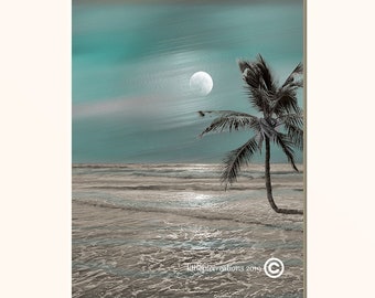 Teal Gray Coastal Wall Art, Ocean Moon, Palm, Bedroom, Bathroom Modern Teal Home Decor Matted  Picture