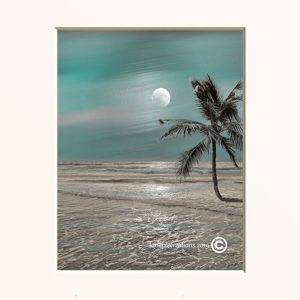 Teal Gray Coastal Wall Art, Ocean Moon, Palm, Bedroom, Bathroom Modern Teal Home Decor Matted  Picture