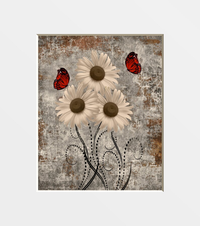Red Brown Wall Art for Bathroom Modern Rustic Daisy Flowers Etsy