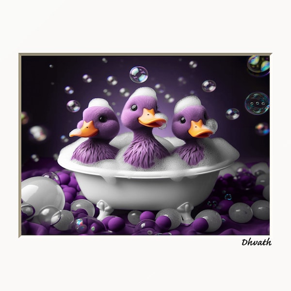 Purple Gray Bath Room Wall Art, Ducks, Bubbles, Bathroom Decor, Purple Bath Home Decor Matted Picture