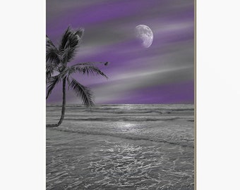 Purple Wall Pictures for Bedroom, Bathroom, Living Room, Coastal, Palm, Beach, Trees, Owl, Matted Artwork Decor